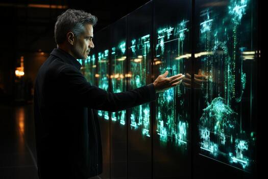 empresario controlador ai formación en virtual pantalla con grande datos y computadora código foto