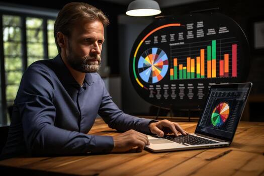Bearded male programmer working on laptop keyboard in office with large screen, coding software photo
