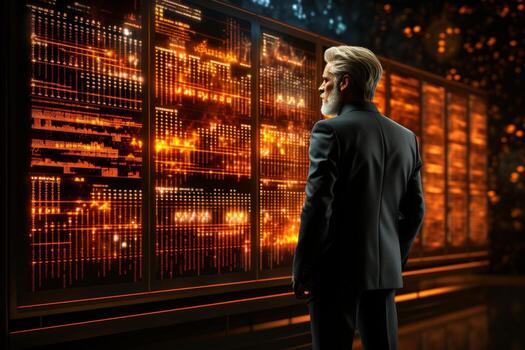 empresario gerente ai formación con grande datos y computadora código en virtual pantalla foto