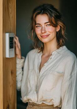 Woman managing smart home system using control panel photo