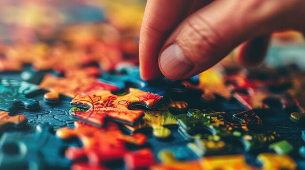 Hand assembling colorful jigsaw puzzle game for problem solving photo
