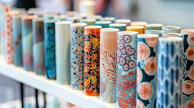 Colorful cylinders with various patterns lined on a shelf design and art photo