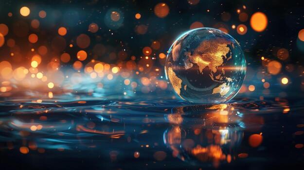 Global connection conceptual earth globe on reflective water surface with bokeh lights photo
