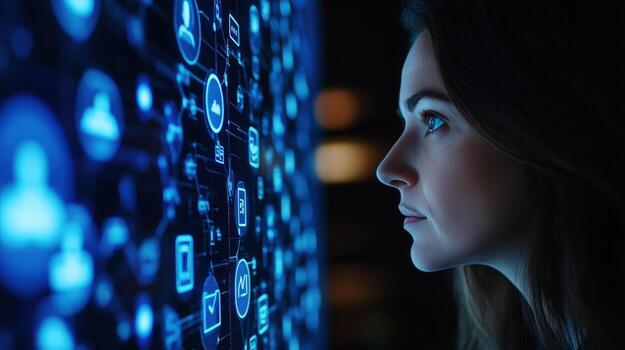 Woman Observing Futuristic Interface A Glimpse into Digital Networks and Data Visualization photo