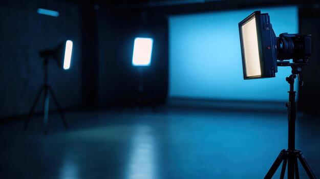 Studio Setup Cinematic Lighting and Camera on Tripod photo