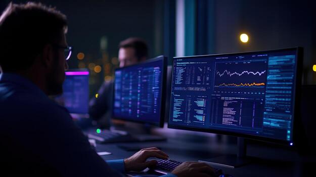 noche cambio codificadores analizando datos, edificio futuros foto