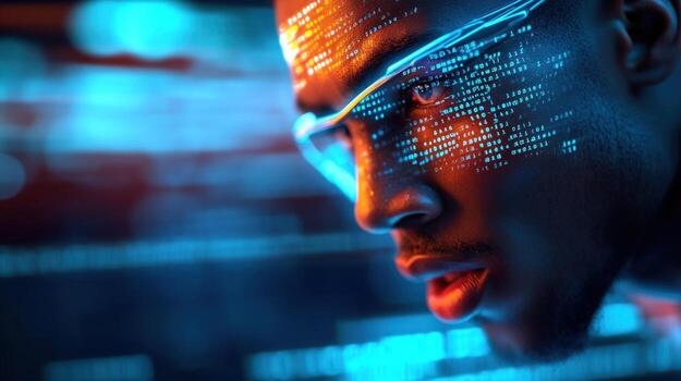 Digital Visionary A futuristic portrait of a programmer immersed in code, illuminating his face with vibrant hues of blue and orange, showcasing the fusion of technology and human ingenuity. photo