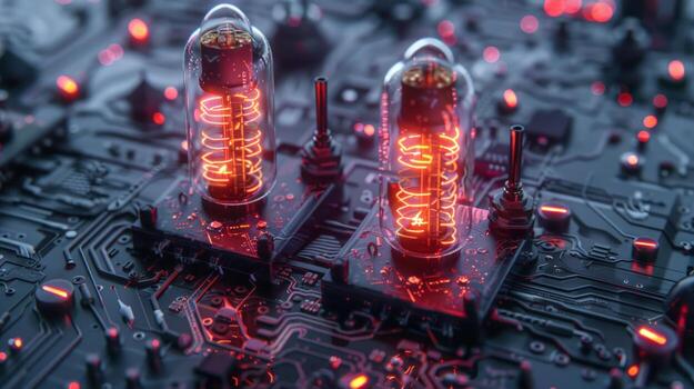 Glowing vacuum tubes on circuit board electronic technology hardware components photo