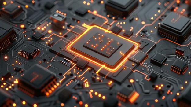 Computer circuit board macro with glowing processor for technology background photo