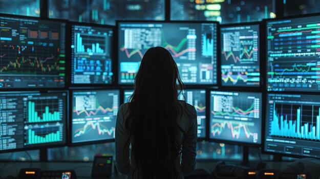 Data analysis and financial trends displayed on multiple computer screens with a person observing photo