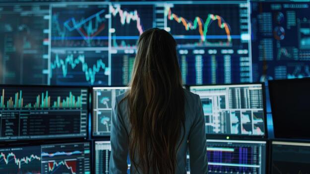 Data analysis with woman facing multiple computer screens displaying charts and graphs photo