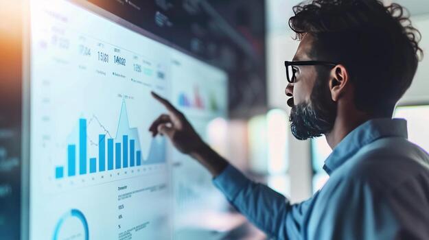 Data analysis visualization on digital screen with professional interaction photo