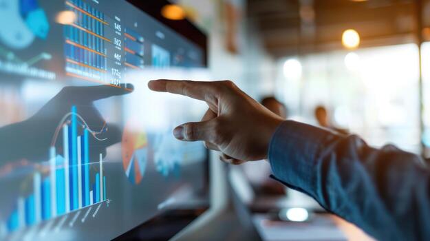 Data analysis visualization on digital display screen in business setting photo