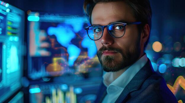 Technology professional analyzing financial data on multiple computer screens photo