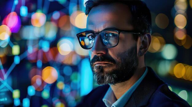 Man with glasses in tech environment data network photo