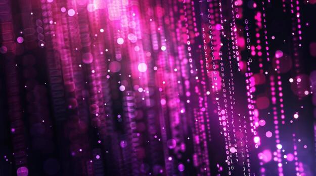 Abstract digital data stream technology background with binary code and light particles photo