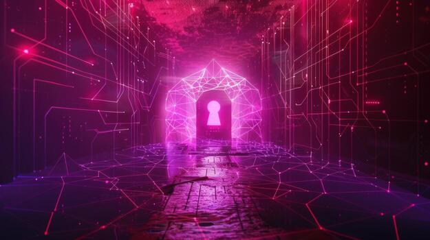 Digital tunnel security gate with keyhole and neon lights abstract technology photo