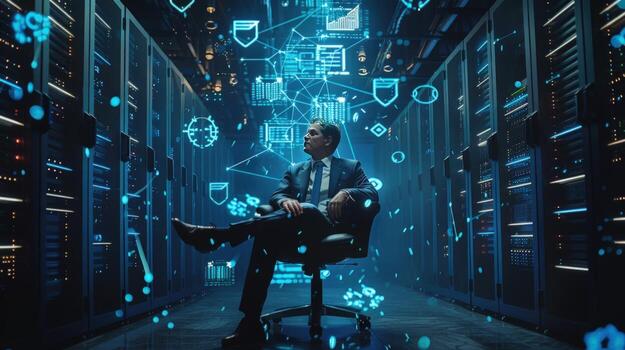 Data server room with engineer and artificial intelligence network photo