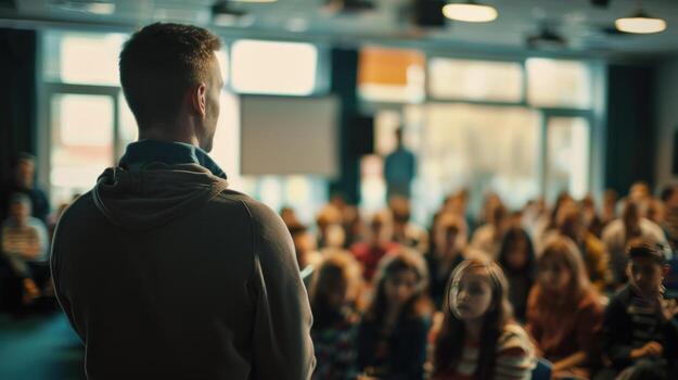 Lecture presentation with diverse audience and speaker photo