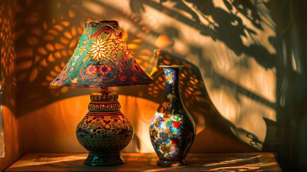 Decorative table lamp and vase casting light and shadow patterns photo
