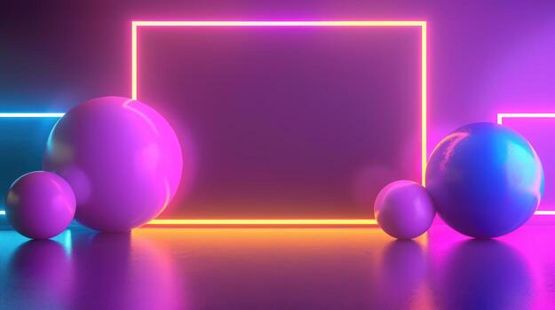 Abstract geometric composition with glowing neon frame and smooth spheres digital render photo