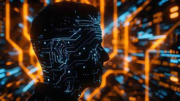 Artificial intelligence conceptual image human head silhouette with digital circuit patterns and neural networks photo