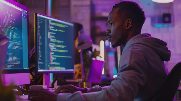 Software developer coding on multiple computer screens in modern office photo