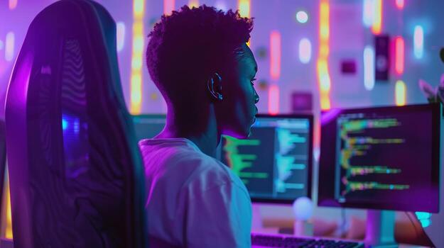 Software developer reviewing code on multiple computer screens photo