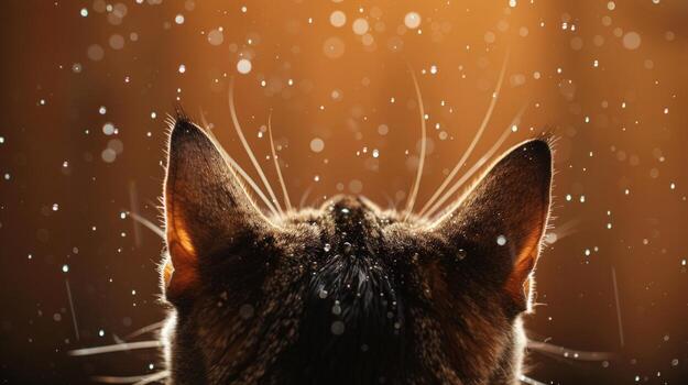 Cat head from behind in abstract light with floating particles and soft warm background photo