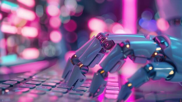 Robotic arm interacting with keyboard artificial intelligence and automation concept photo