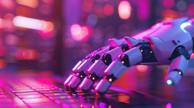Robotic hand interacting with keyboard artificial intelligence technology photo