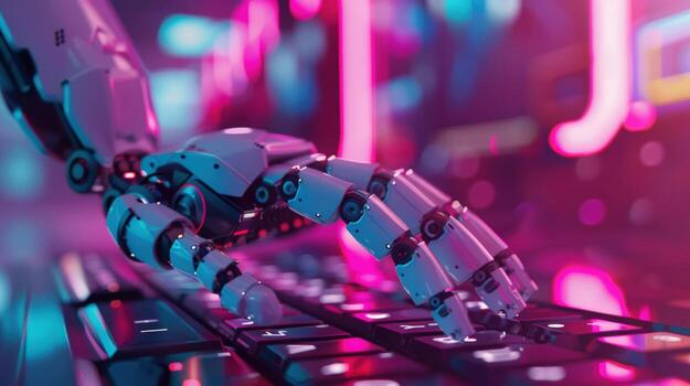 Robotic hand typing on illuminated keyboard artificial intelligence technology photo