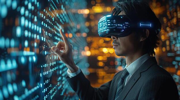 Man interact with virtual reality technology futuristic digital interface photo