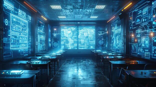 Futuristic control room with digital interfaces and world map display photo