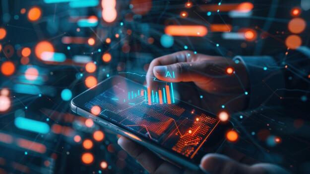 Hand using a smartphone with data analytics artificial intelligence interface photo