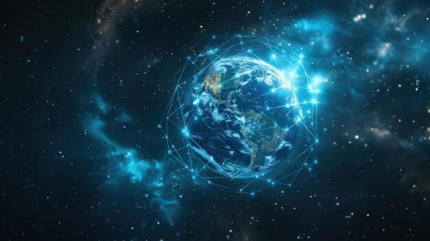 Connected earth digital rendering global network and cosmic background photo