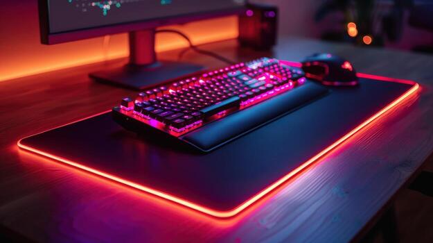 Computer keyboard and mouse on illuminated pad electronic devices desktop setup photo