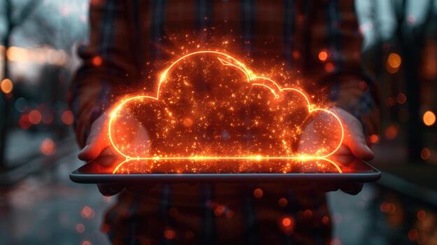 Digital cloud computing technology tablet with glowing data network photo