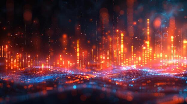 Abstract digital landscape of glowing data points and futuristic structures photo