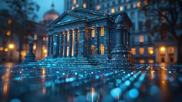 Digital architecture conceptual visualization with classical building facade and blue light effects photo