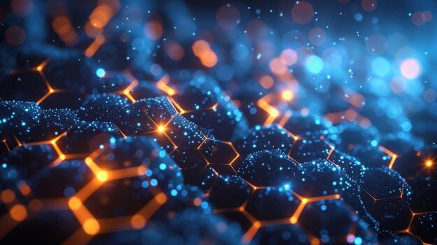Futuristic abstract technological network background with glowing hexagons and dots photo