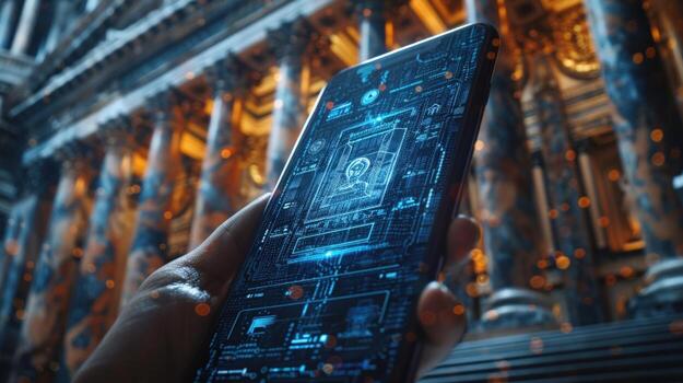 Smartphone displaying digital interface with classic architecture backdrop concept photo