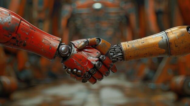 Robotic handshake connecting artificial intelligence and technology photo