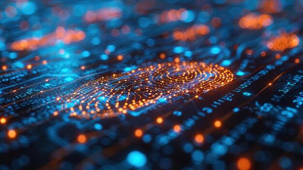 Digital fingerprint on circuit board technology security and identification photo