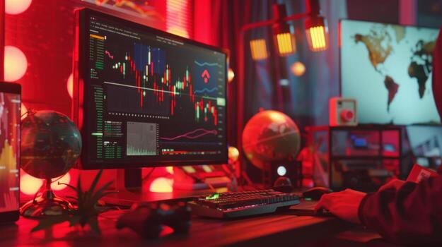 Financial data displayed on computer screen in red lit workspace photo