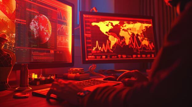 Data analysis and global network visualization on computer monitors photo