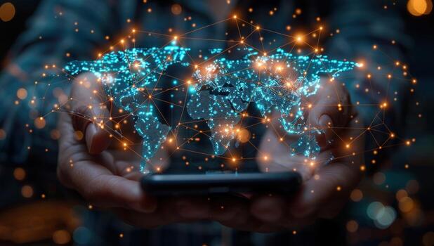 Global network world map on mobile device digital technology photo