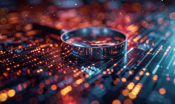 Magnifying glass inspects computer circuit board technology and data analysis photo