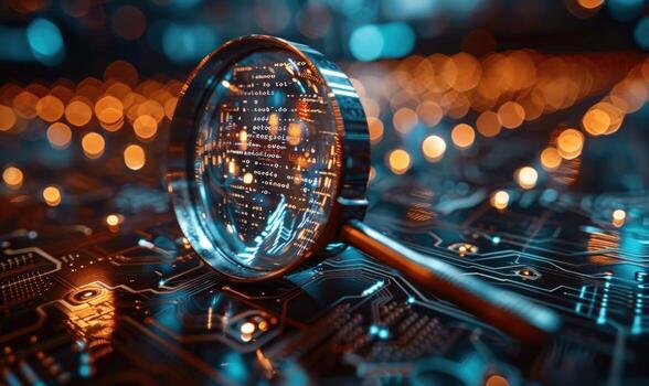 Magnifying glass analyzing circuit board for cyber security and computer technology concepts photo