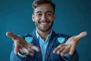 Confident business professional offering security and protection with virtual shield icons photo
